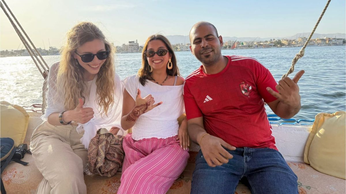 Tariq with two guests on a felucca on the Nile